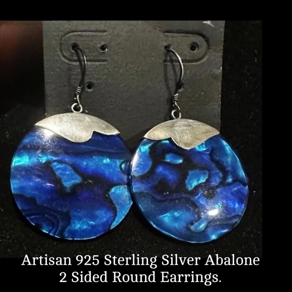 Artisan Jewelry - Artisan 925 Sterling Silver Abalone Blue Round Disk Shell Round Dangle Earrings